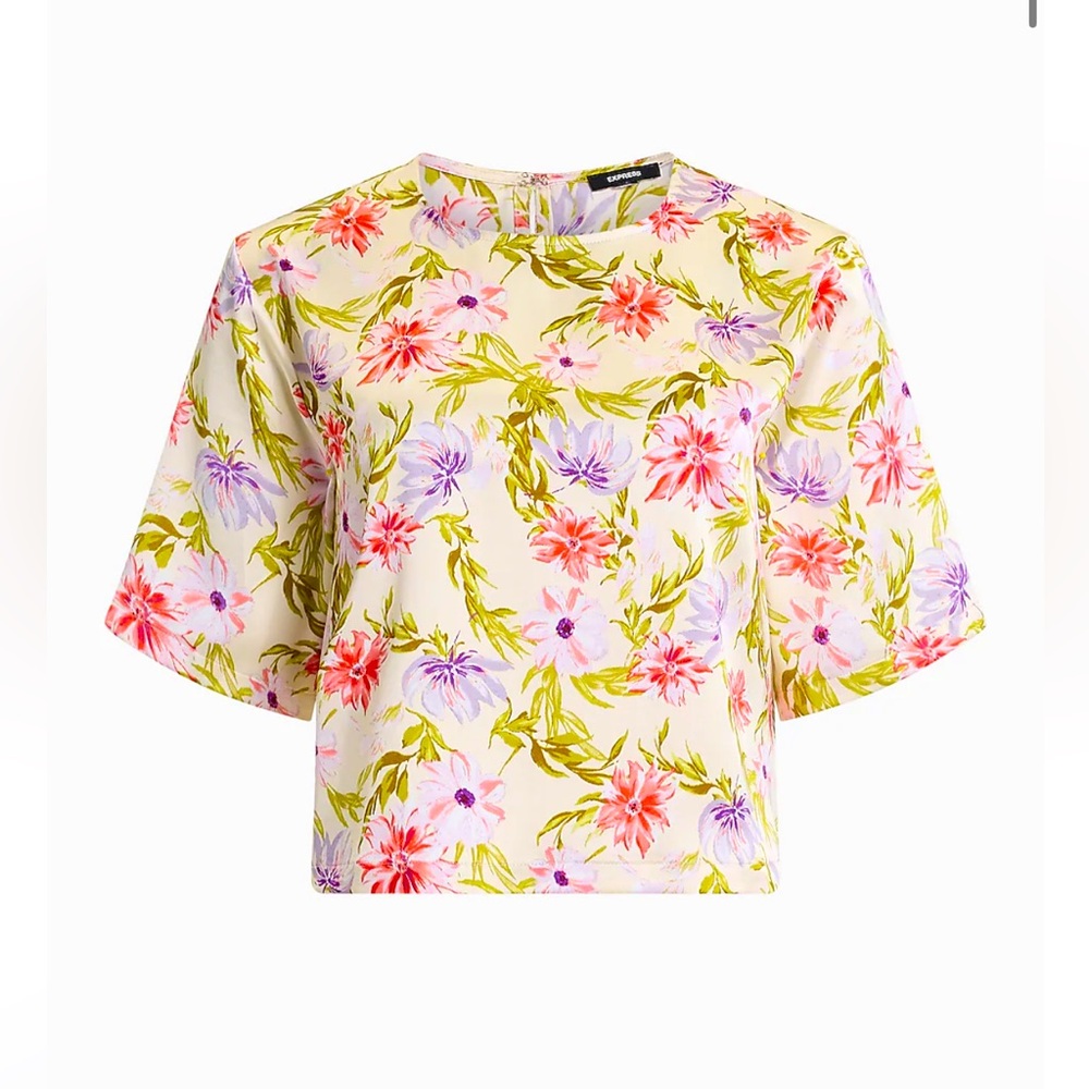 Express White Crop Satin Blouse with Boxy Short Sleeves